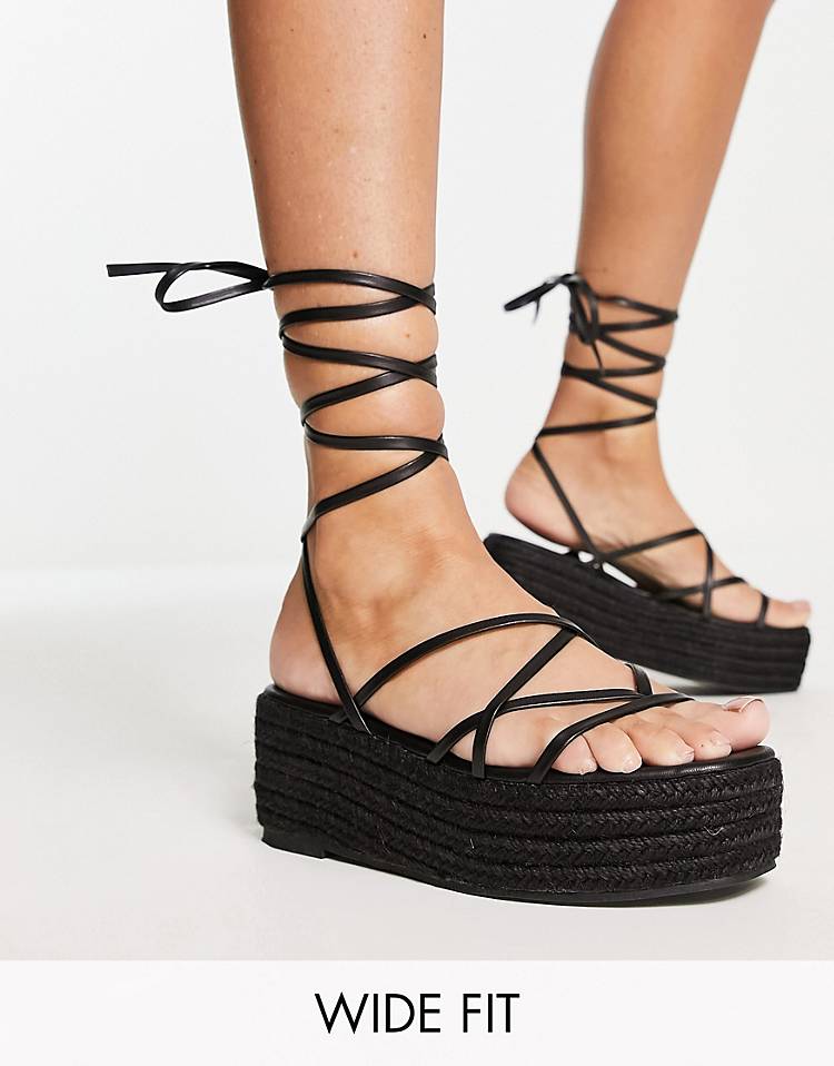 Glamorous Wide Fit strappy espadrille flatform in black